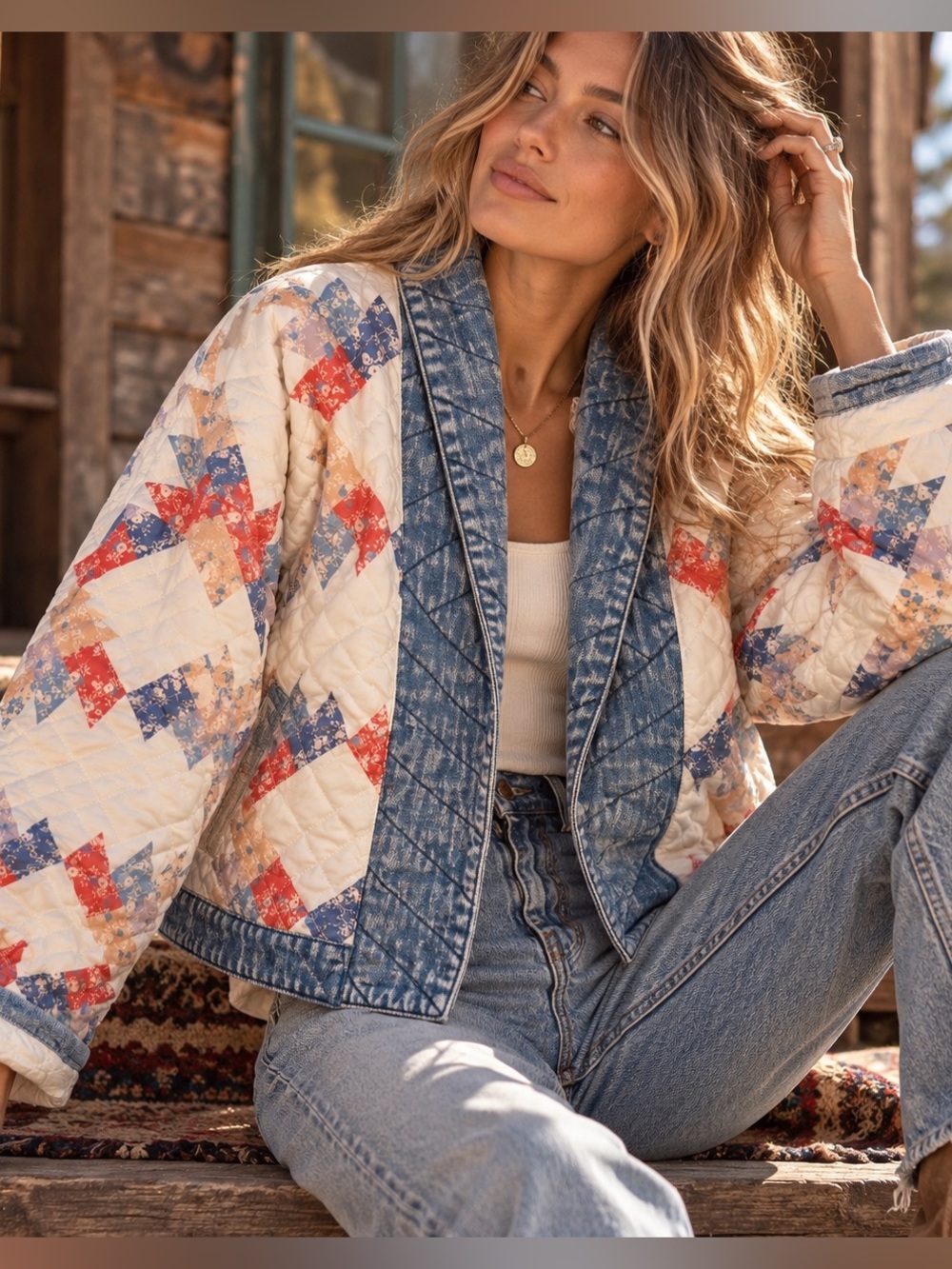 BLANKNYC Quilted Patchwork Jacket S Floral Denim Trim Cottagecore